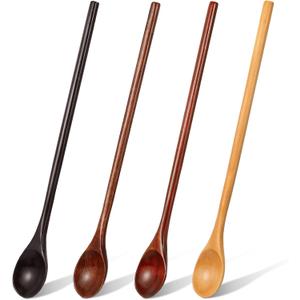 4 Pcs 13 Inch Long Handle Wooden Spoons for Cooking Long Handle Tasting Tea Spoon Wooden Utensils Vintage Stirrer for Kitchen Soup Coffee Cocktail Honey Mixing Stirring, 4 Colors