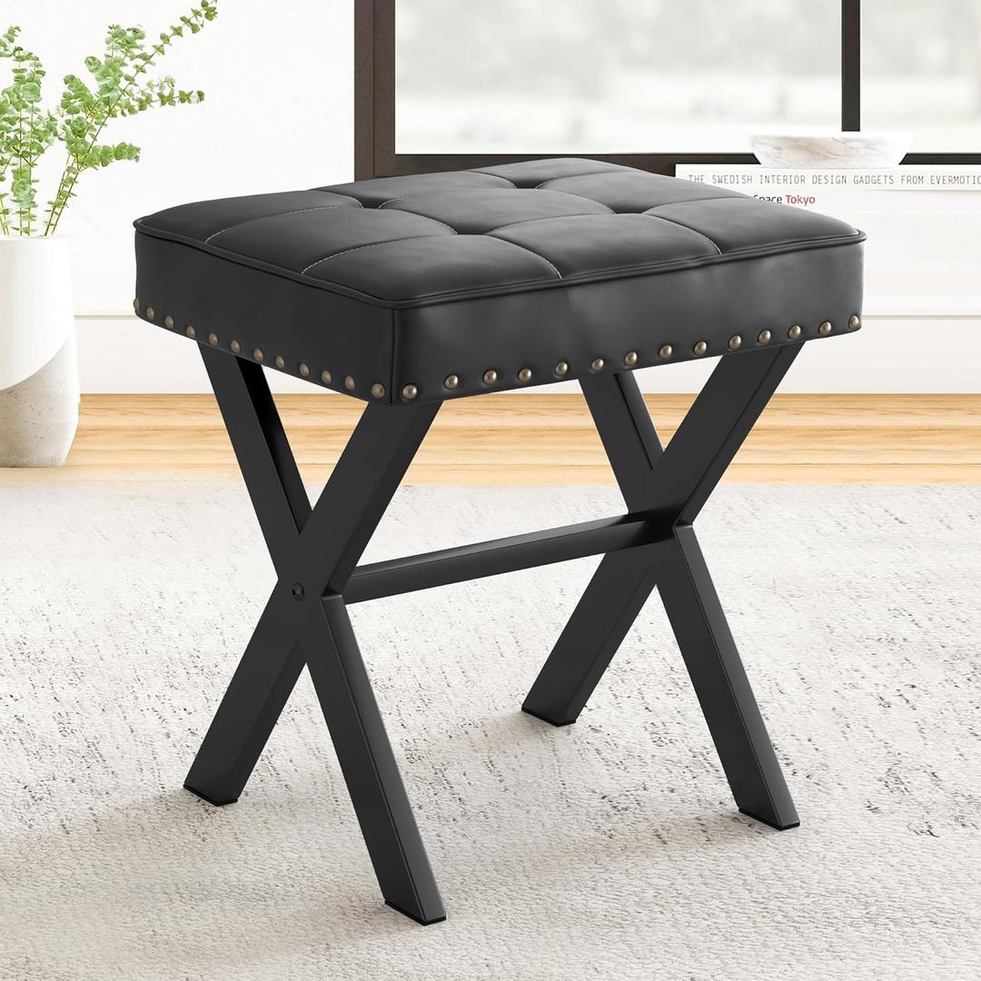 LUE BONA Vanity Stool - Square Faux Leather Makeup Seat With Metal X Legs, Small Ottoman Chair for Makeup Room, Living Room - Modern Padded Foot Rest, Black