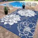 COZYLOOM Large Outdoor Rugs 9x18 Waterproof Plastic Straw Rug for Patio, Reversible Modern Flower Camping Rug with Portable Bag & Stakes, Foldable & UV Resistant, Outdoor Carpet for Yard Deck, Navy