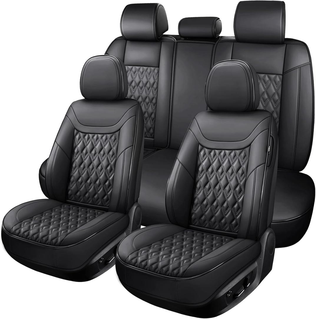 Car Seat Covers Full Set, Leather Seat Covers for Cars, Car Seat Protector Waterproof, Non-Slip,Breathable Automotive Seat Covers for Most Pickup Trucks, Sedans, SUV5Seaters,Full Set,Black