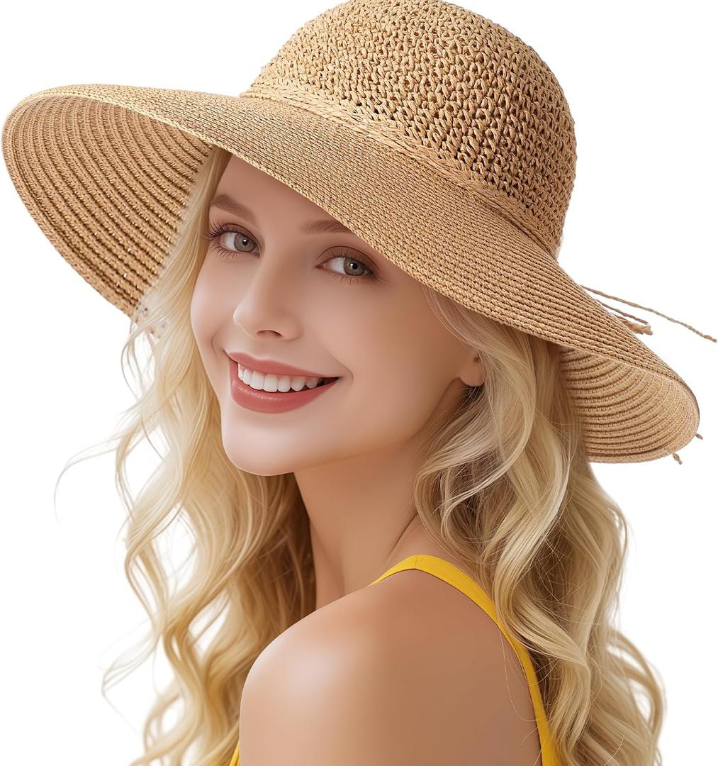 Beach Hats for Women - Straw Hat, Sun Hats for Women UPF 50+ UV Protection, Beach Hat Packable Foldable (Khaki)