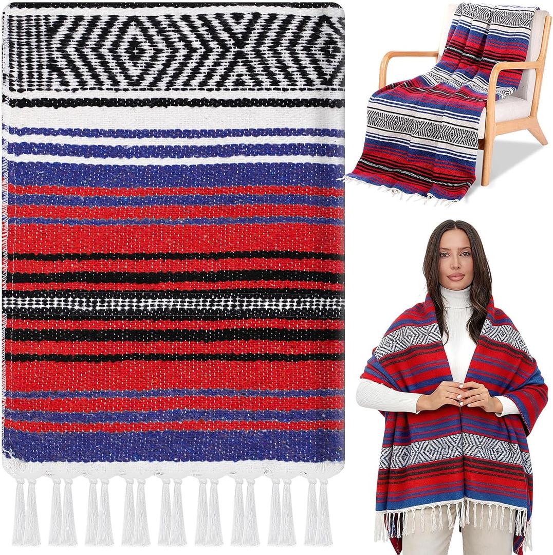 Oudain Mexican Blanket Woven Authentic Cotton Falsa Throw 45 x 70 Inch – Authentic Baja Serape Saddle Blanket Outdoor for Restorative Yoga, Beach, Picnic, Couch, Car Travel(Sunset Fiesta)