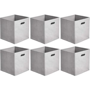 Amazon Basics Collapsible Cube Storage Organizer Bins, 6-Pack, 10.5 x 10.5 x 11 inches, Light Grey