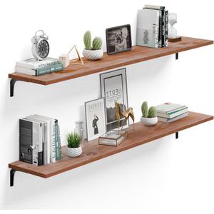 12 Inch Deep Floating Shelves Set of 2, 60 Inch Extra Wide Brown Solid Wood Wall Shelves, 5ft Heavy Duty Farmhouse Wall Mounted Shelving for Kitchen, Living Room & Bedroom