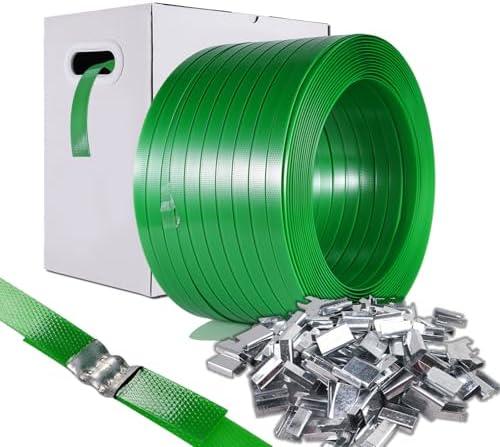 WCM Strapping Packaging Strapping, Pallet Strapping, Banding Strapping Coil (5/8" x 1500 ft x 0.035" PET Polyester Strapping and 100 Buckles) - Heavy-Duty Certified 1200 lbs Break Plastic Strap