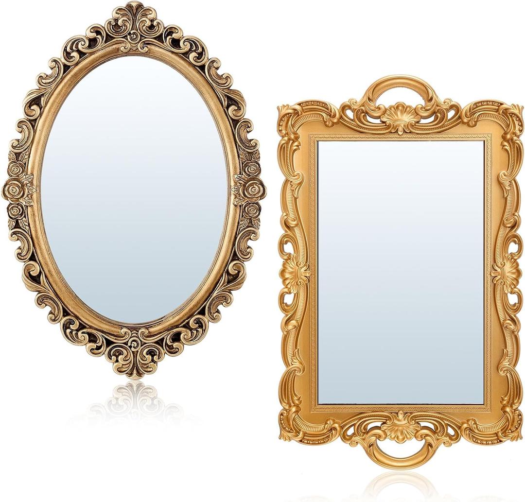 2 Pcs Vintage Decorative Gold Mirror Set Including 12. 6" x 9. 1" Oval Wall Mirror 15. 4" x 9. 7" Square Antique Tabletop Makeup Mirror for Bedrooms Living Room Dresser Decorations