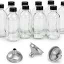10 Pack, 4 oz Small Clear Glass Bottles w/ Lids & 3 Stainless Steel Funnel - 120ml Boston Round Sample Bottle for Potion, Juice, Ginger Shot, Wellness, Oils, Whiskey, Liquids - Leakproof Travel Bottle