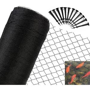 JUNFLYING 15x40 Ft Pond Netting for Leaves, 1/2 in Fine Mesh, Strong Woven Koi Fish Net Cover, Against Birds, Cats & Predators, Stakes Included