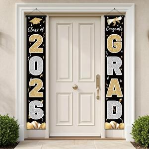 2 x 2026 Graduation Banner Congrats Grad Black - Class of 2026 Porch Sign for Party, Porch Banner Outdoor Graduation Decorations