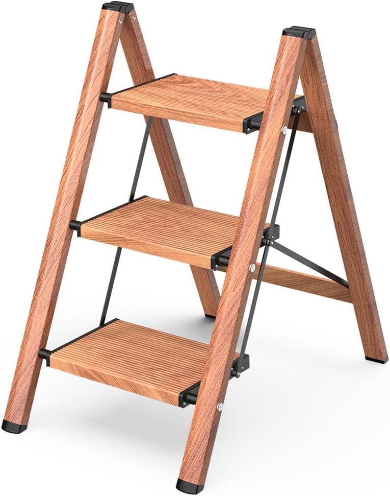 GameGem 3 Step Ladder, Aluminum Folding Step Stool with Anti-Slip Sturdy and Wide Pedal, Lightweight Portable Stepladder for Home and Kitchen Use Space Saving, Woodgrain, 330 lbs