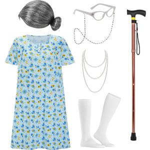 Old Lady Costume for Women, Adult 100 Days of School Adult 100 Days of School Costume Grandma Dress Up Costume Accessories, One Size