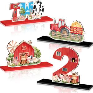 4Pcs Farm Animal 2nd Wooden Table Centerpieces Farm Barnyard Happy 2nd Birthday Table Sign Party Supplies for 2 Years Old Baby Shower Boys Girls Birthday Party Supplies Decor Photo Props Kids