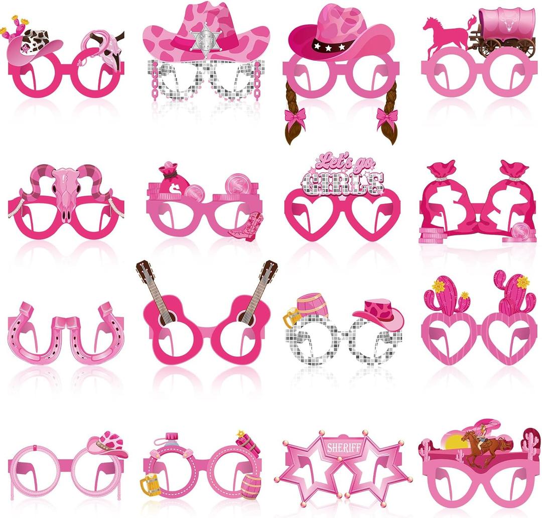 32 Pcs Pink Cowgirl Paper Glasses Western Cowgirl Photo Booth Props Let's Go Disco Bachelorette Party Decorations Girls Eyeglasses for Wild West Cowboy Girls Birthday Party Favor Supplies