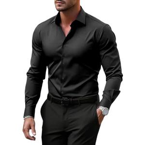 BUXKR Men's Wrinkle Free Slim Fit Dress Shirts Formal Long Sleeve Button Down for Wedding Business (Black), XL