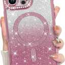 MZELQ Compatible with iPhone 16 Pro Case Plating Magnetic [Support for Magsafe] Bling Glitter Sparkly Back Diamond Camera Lens Cover Crystal Matte Luxury Case for Girls Women -Pink