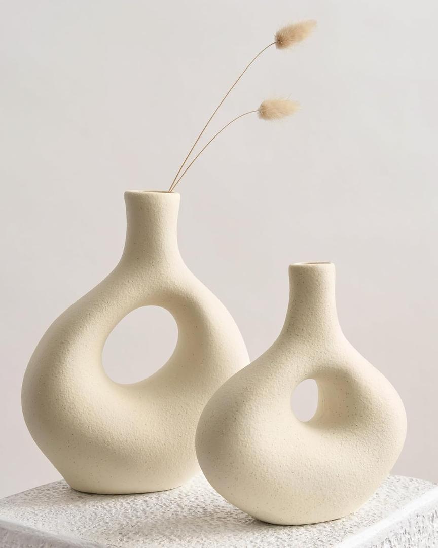 NOBULA White Donut Ceramic Vase - Vases for Home and Office Decor- Ideal for Pampas Grass and Dried Flowers, Perfect Accent for Shelves, Tables, Bookshelves, and Entryways