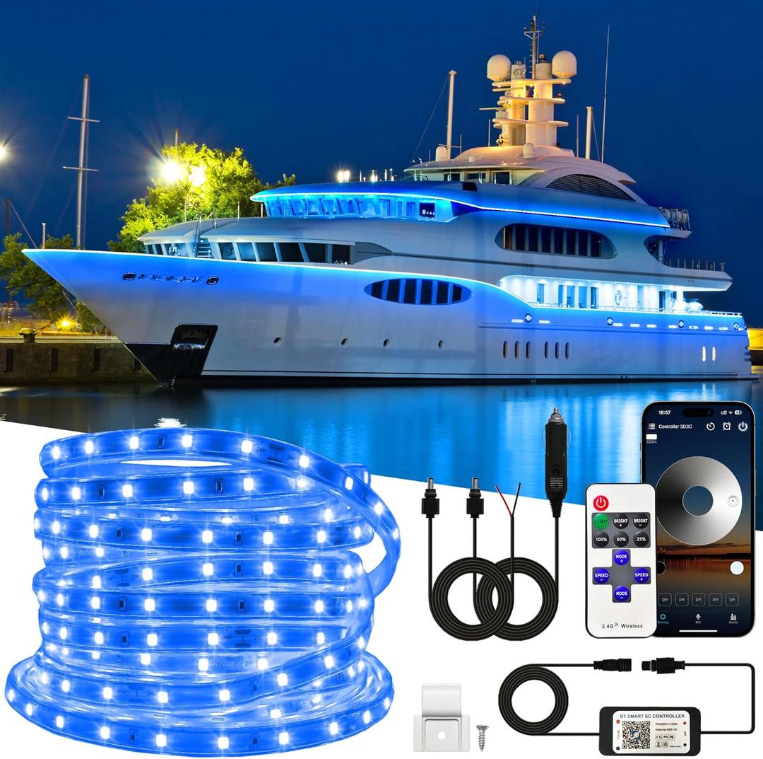 66FT Waterproof Marine LED Strip Lights with Remote, Pontoon Boat Lights App Control, 12V Interior LED Blue Strip Lights for Boat, Night Fishing Lighting for Kayaks, Jon Boats, Decks & Bass boat