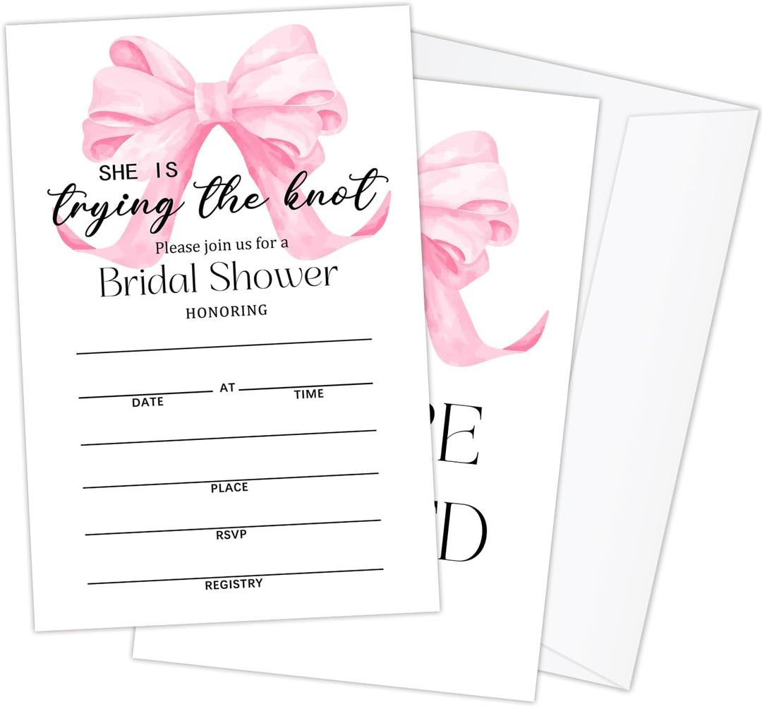 Pink Bow Bridal Shower Bachelorette Invites, 25 PCS Kit Wedding Invitation Bridal Shower Invitations with Envelopes For New Couples, Mr And Mrs, Newlyweds-02