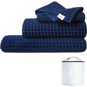 Luxury Organic Japanese Cotton Waffle Bath Towel | Thick, Absorbent, Quick Dry Bathroom Towels for Shower, Sauna, Onsen| Hotel & Spa Quality, Gift-Ready (Ocean Blue, Complete Set (4-Piece))