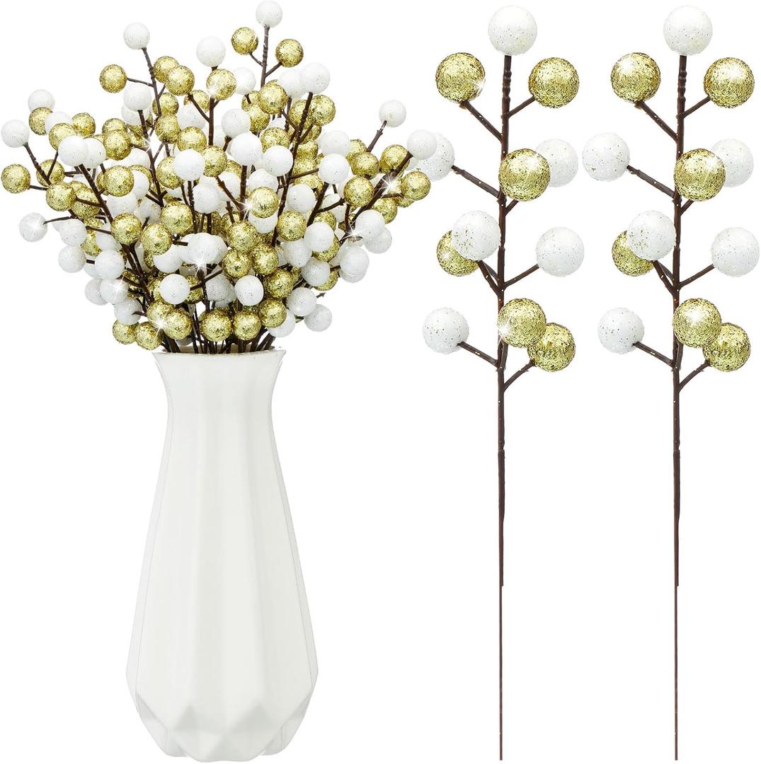 24 Pcs Christmas Glitter Berries Stems, 8.8" H Artificial Christmas Picks for Xmas Tree Ornaments, Holiday Wreath DIY Crafts, Xmas and Home Decor (Gold, White)