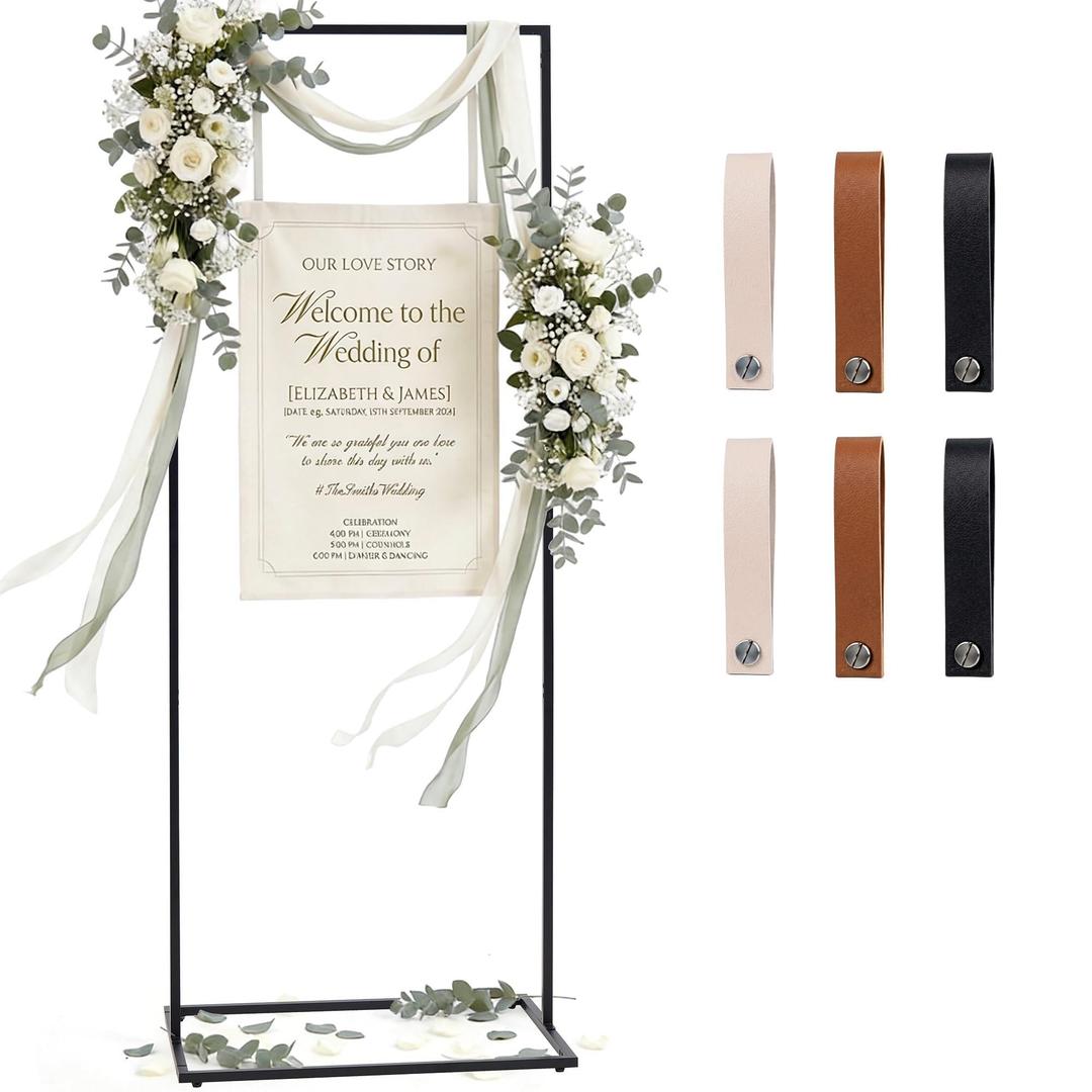 WEDORA Wedding Welcome Sign Stand, 79" Extra-Tall Height - Black Metal Sign Holder with 6 Leather Straps, Easel Stand for Seating Charts & Event Dcor