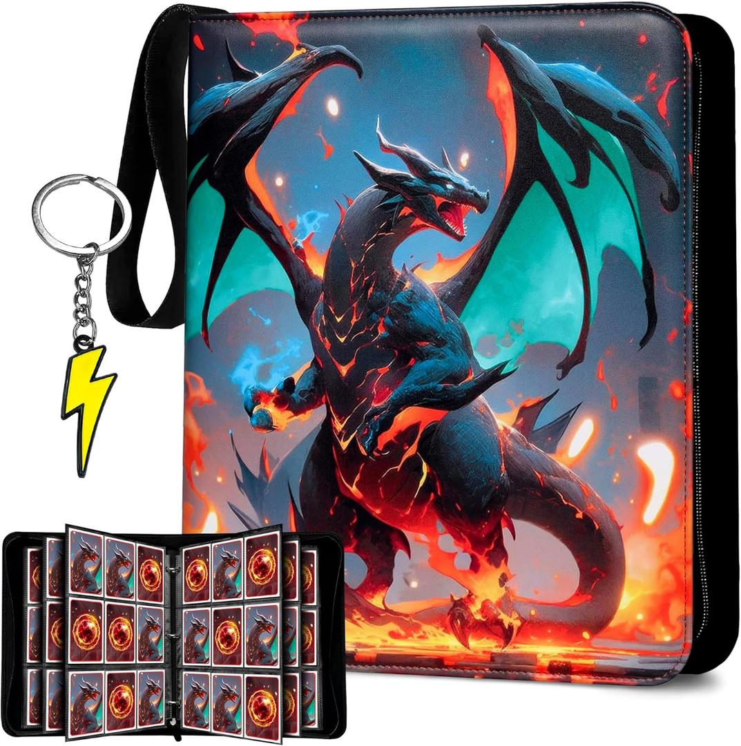 Trading Card Binder 9-Pocket Display Pocket & ID Slot, Holds 900 Cards, Zippered 3-Ring Card Album with 50 Removable Sleeves for TCG/Sports Cards + Metal Keychain
