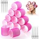 Jumbo Hair Curlers Rollers, 12Pcs 60mm Jumbo Hair Roller Curlers Self Grip Holding Rollers with 12Pcs Hair Clips for Long Straight Thick Hair (Rose Red)