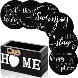 Queekay Coasters Set of 6 House Warming Gifts New Home Wooden Farmhouse Drink Coasters with Holder 4'' Funny Decoration for Kitchen Family Coffee Bar Tabletop Protection(Black)