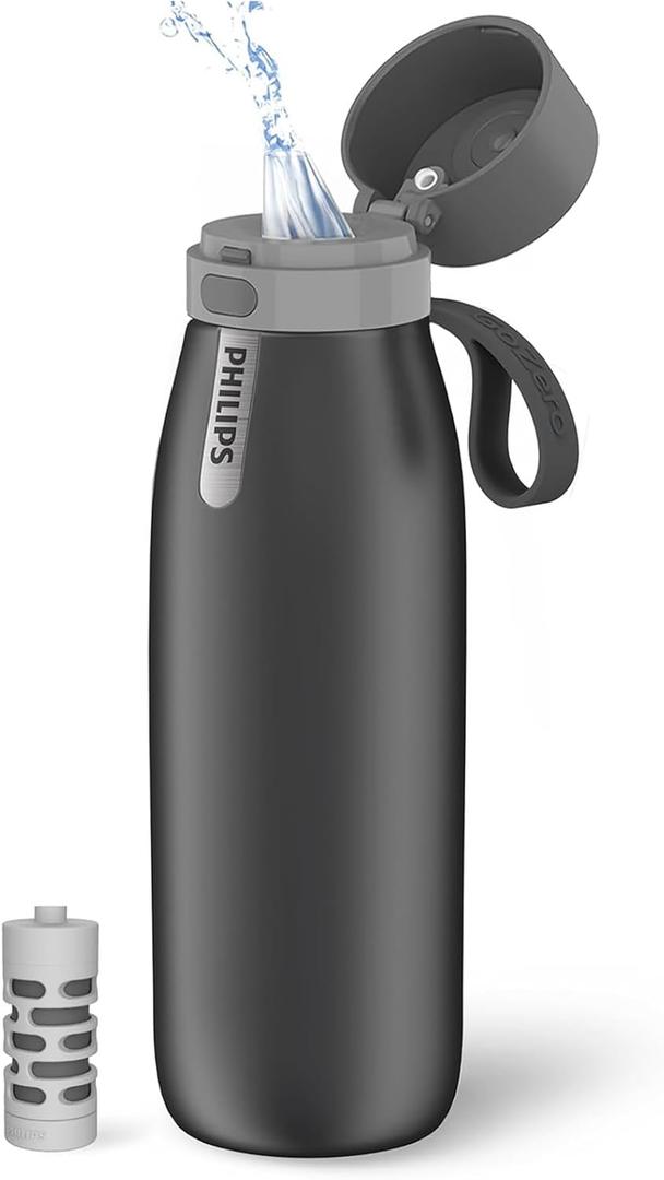 PHILIPS Water Bottle with Filter, Filter Water Bottle Stainless Steel with GoZero Everyday BPA-Free Tap Water Filter, Water Filter Bottle Keep Drink Cold 24 Hours, 1 Filter for 40 gal / 2 Months (18.6 Ounces)