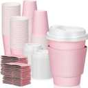 Patelai 100 Pcs 12 oz Disposable Coffee Cups with Lids and Sleeves Bulk, Insulated Hot Chocolate Paper Cup for Hot and Cold Beverage Water Juice Cocoa Tea Party Restaurants Travel Supplies (Pink)