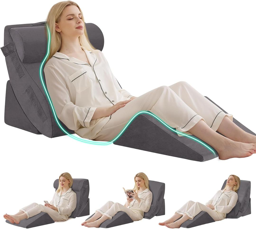 4PCS Wedge Pillow Set for After Surgery, Orthopedic Bed Wedge Pillow for Back Pain Relief, Sitting Up in Bed, Acid Reflux, Adjustable Post Surgery Pillows for GERD, Snoring, Velvet Grey
