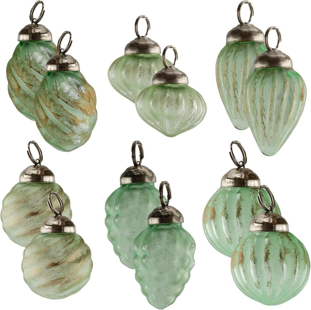 AuldHome Design Mercury Glass Finial Ornaments (Set of 12, Soda Glass, Small) Distressed Metal Antique Style Christmas Tree Decorations - 1.3 to 2-Inch Size