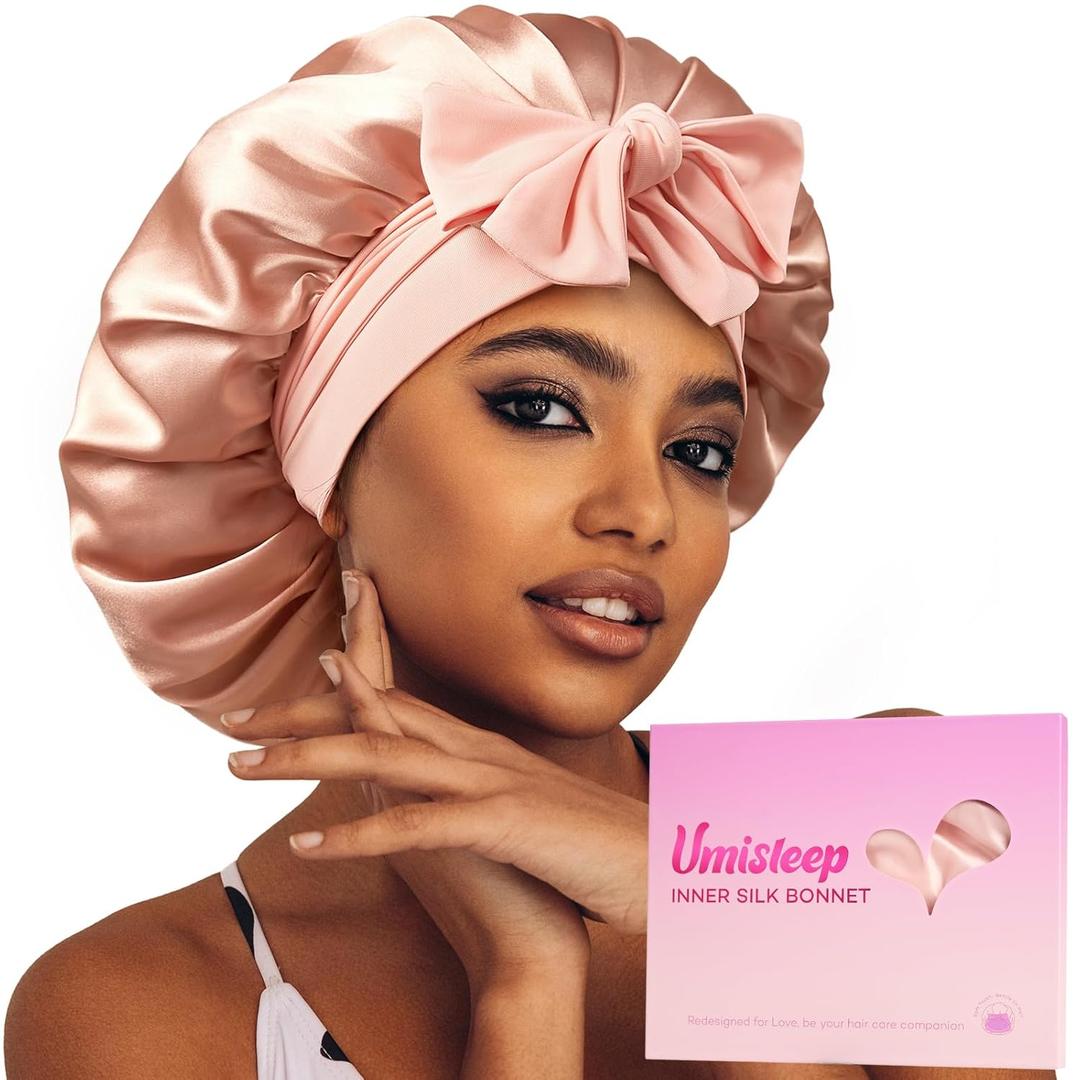 Umisleep Silk Bonnet, Soft Hair Bonnet for Sleeping, Real Mulberry Silk Lining, Bonnets for Women Hair Care, Double Layer Hair Cap with Tie, Large Silk Hair Wrap for Curly Long Hair, Blush Pink