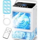 Small Air Conditioner w/ 3 Speeds&3 Modes, Remote, 1100ML Tank Humidifier, 8-Cube Ice Tray, 120° Oscillating, 4 IN 1 Portable Air Conditioners, 7-Color Light, 4H Timer Desk AC Unit for Bedroom