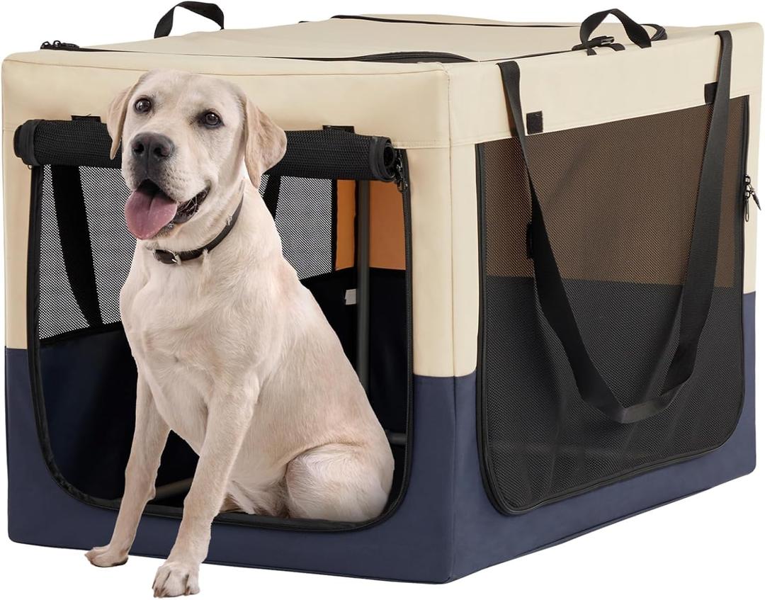 A4Pet Collapsible Dog Crate, Soft Sided Dog Crate - 36 Inch Adjustable Stainless Steel Frame, Lightweight, Durable and Portable Crate with 3-Door, Travel Dog Kennel (Blue+Beige)