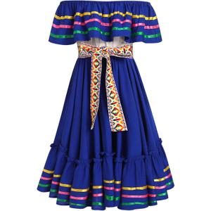 Mexican Dress for Girls Floral Embroidered Traditional Mexican Folklorico Dress Toddler Cinco de Mayo Fiesta Party Dresses (Blue, 7-8 Y)