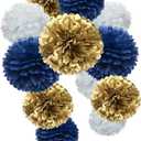 Gold Royal Blue and White Paper Flower Tissue Pom Poms for Birthday Baby Shower Graduation Bachelor Retirement Theme Party, 12pc