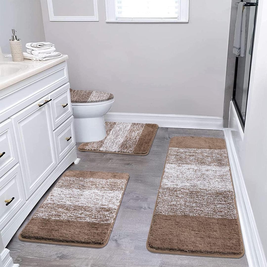 Bsmathom Bathroom Rugs Sets 4 Piece with Toilet Lid Cover, Non-Slip Bathroom Rugs and Mats Sets, Absorbent Bath Rugs Microfiber Shaggy Machine Washable Bath Rug Set, Coffee (18"x26"+18"x48"+U20"x24"+Cover19"x21")