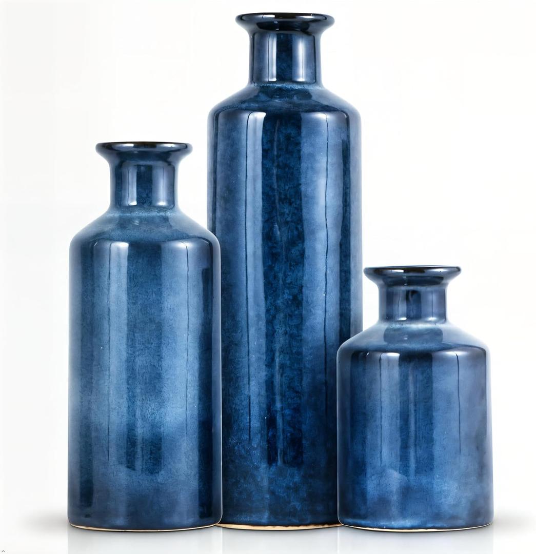 Mowtanco Blue Ceramic Vase Set of 3 Small Vases, Modern Farmhouse for Home Decor Bottles, Rustic Terracotta Vase Decorative Vases for Table,Fireplaces Decor, Bookshelf, Living Room