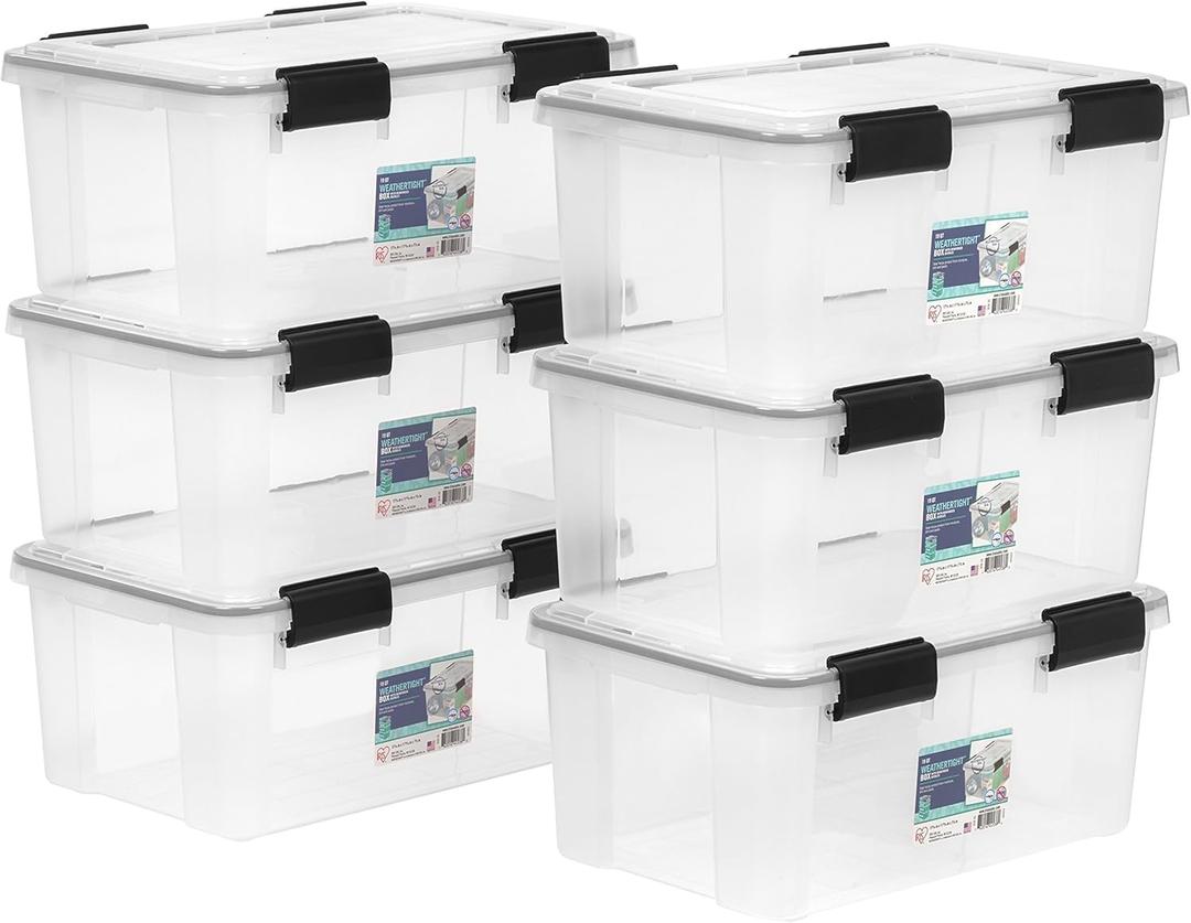 IRIS USA WeatherPro 19 Qt Storage Bins with Lids, 6 Pack, BPA-Free Plastic Gasket Box with Tight Latch and Seal, Stackable Nestable Tote Tub - Clear/Black