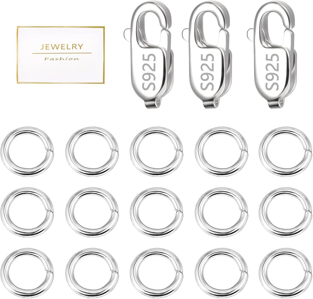 925 Sterling Silver Jewelry Making Lobster Claw 10mm, 23PCS Italian Rectangle Trigger Clasps with Open Jump Rings Set, Small Necklaces Bracelet Connector Clasp Supplies Silver Jewelry Finding Set