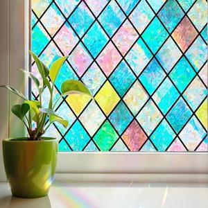 Linarun Stained Glass Window Film Rainbow Window Privacy Film 3D Decorative Static Cling Door Glass Decals Non Adhesive Removable for Home Office Set of 2