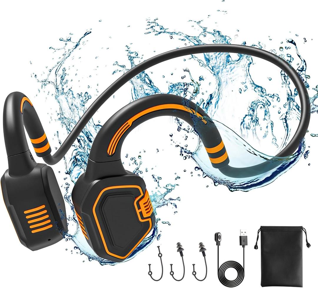 Bone Conduction Headphones Swimming Headphone - IP68 Waterproof Open Ear Headphones with MP3 Play 32G Memory Inductive Wireless Bluetooth Sports Headset for Running Swimming (Orange)