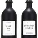 HOMCDALY Olive Oil Dispenser for Kitchen, 16oz Glass Oil Bottles with Bamboo Tray, Black Oil&Vinegar Cruet Set, Kitchen Dispenser Bottles with Pourer | Set of 2 (16oz  Black)