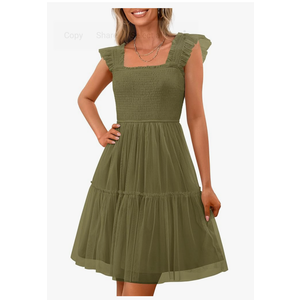 PRETTYGARDEN Womens 2025 Trendy Mini Summer Dresses Sleeveless Tulle Ruffle Square Neck Tiered Smocked Beach Vacation Dress Large, Army Green