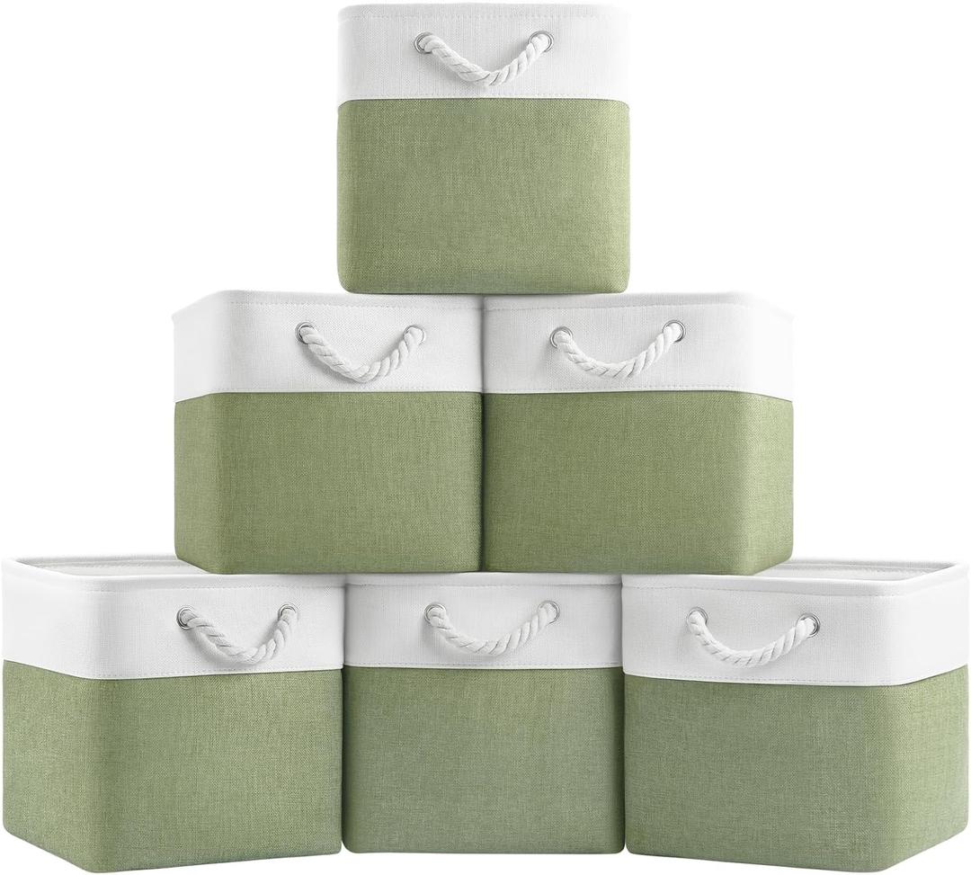 Patvingot 11 Inch Cube Storage Bins, 6 Pack Fabric Storage Cubes with Rope Handles, Organizer Baskets for Closet Shelves, Clothes and Home Organization(White/Green)