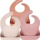 Silicone Bibs for Babies Toddler Set of 3, BPA Free, Soft Adjustable Waterproof Bibs for Feeding Essentials (Pink)