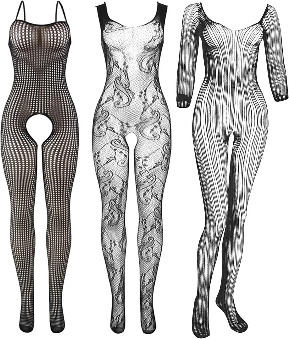 Tisancy 3 Pcs Women's Fishnet Lingerie Plus Size Mesh Bodysuit Lingerie for Women (Black)