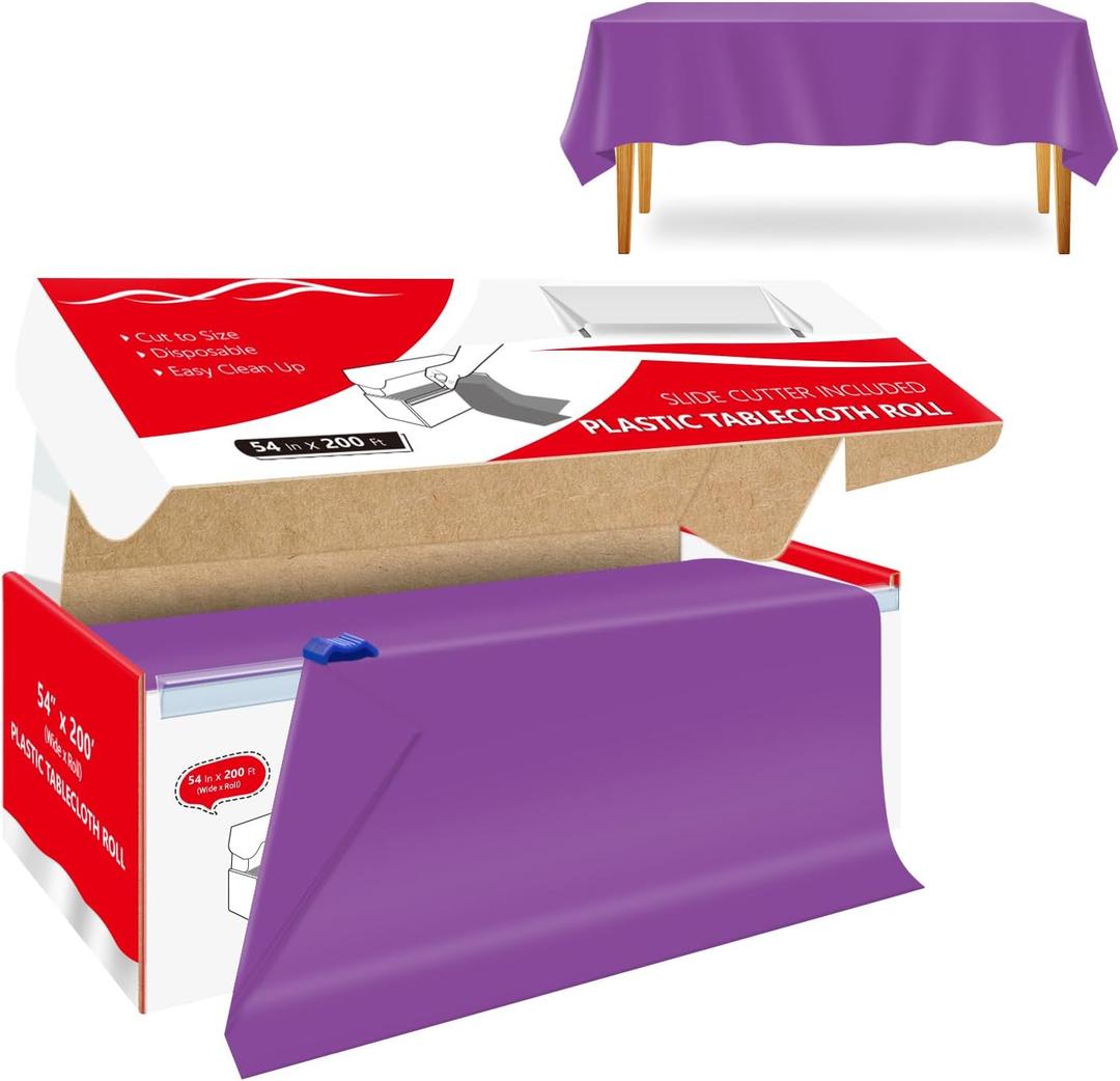 54 Inch x 200 Feet Purple Plastic Tablecloth Roll Cut to Size Disposable Table Cover with Cutter Box Plastic Table Cloth for Party, Wedding, Birthday