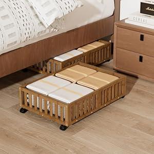 Bamboo Under Bed Storage with Wheels,Rolling Underbed Shoe Organizer Box for Shoes,Blankets,Toys,Clothes Container Space-Saving Bins for Bedroom,Closet,Dorm,Nursery (2 PCS (23.62"16.54")